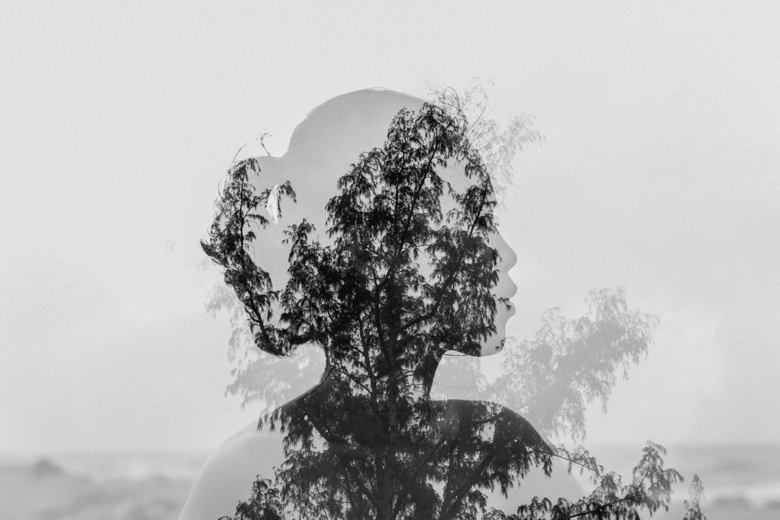 Artistic double exposure capturing a woman's silhouette blending with natural tree branches in black and white.