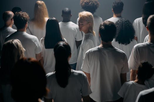 A diverse crowd stands together in a studio, exploring themes of individuality and social connections.